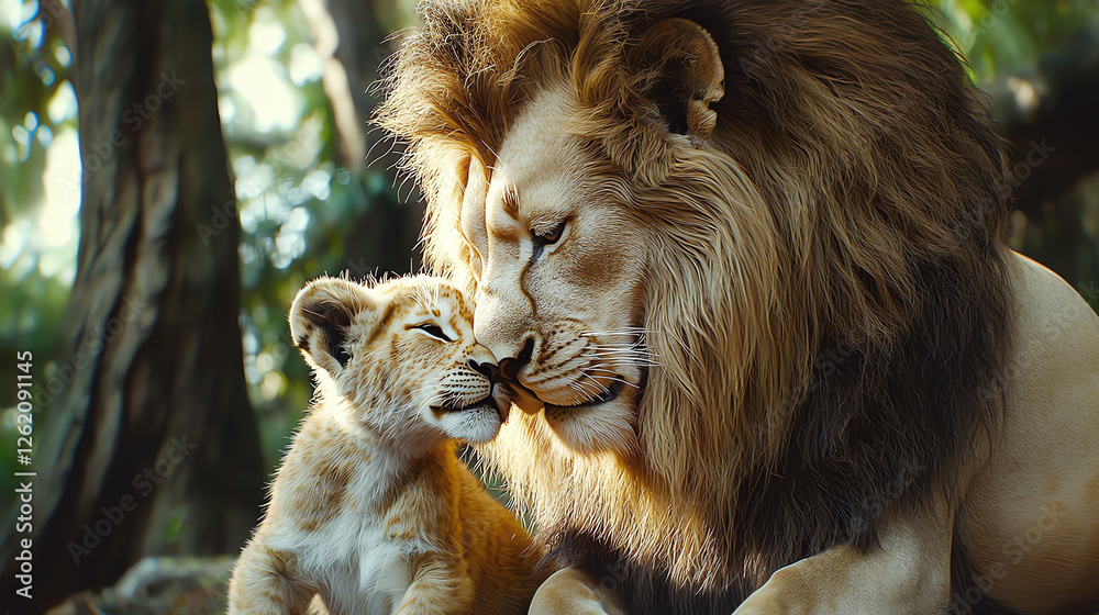 Fototapeta premium lion and lion cub, AI generated