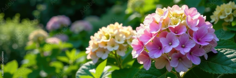 Oakleaf hydrangea blooms in shaded garden area, shrubs, flowers, foliage Oakleaf hydrangea blooms in shaded garden area, shrubs, flowers, foliage