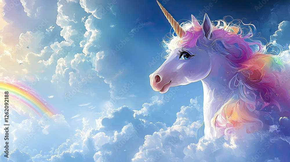 Enchanted Unicorn in a Dreamlike Sky: A Magical Rainbow and Cloudscape Fantasy Art Enchanted Unicorn in a Dreamlike Sky: A Magical Rainbow and Cloudscape Fantasy Art