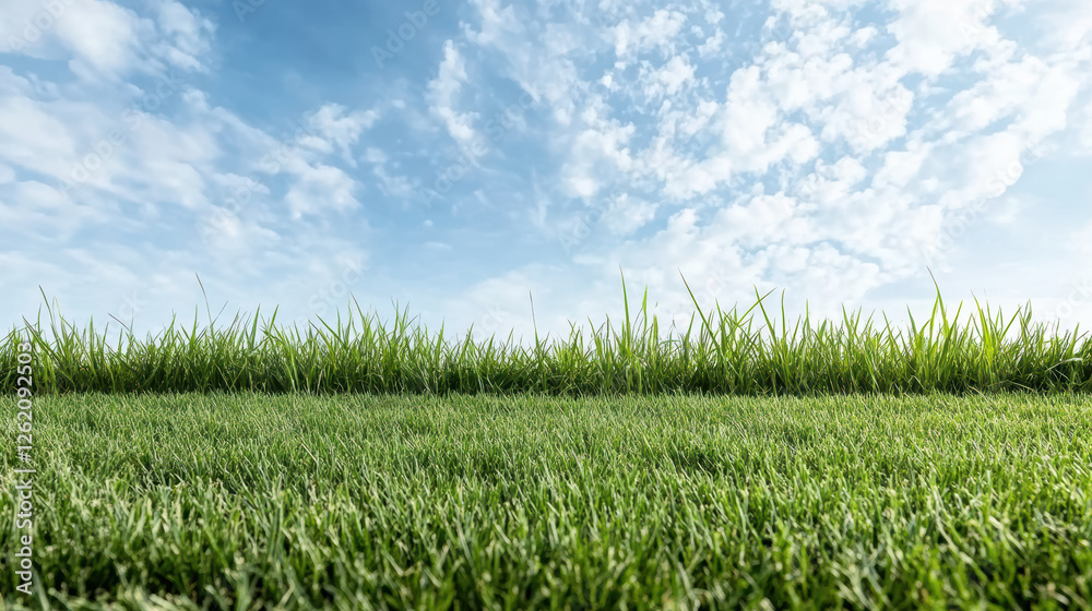 Obraz premium Lush green grass under bright blue sky with fluffy clouds