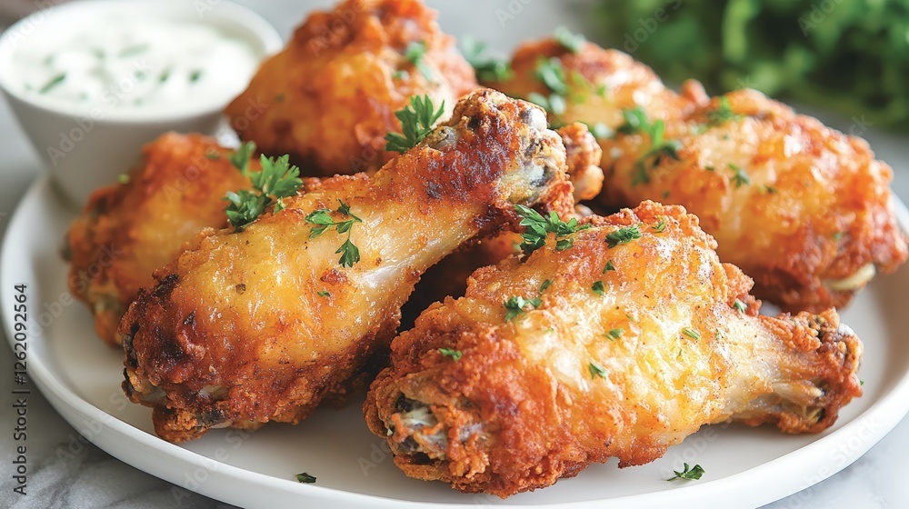 A plate of crispy fried chicken drumsticks garnished with parsley and served with dipping sauce. A plate of crispy fried chicken drumsticks garnished with parsley and served with dipping sauce.