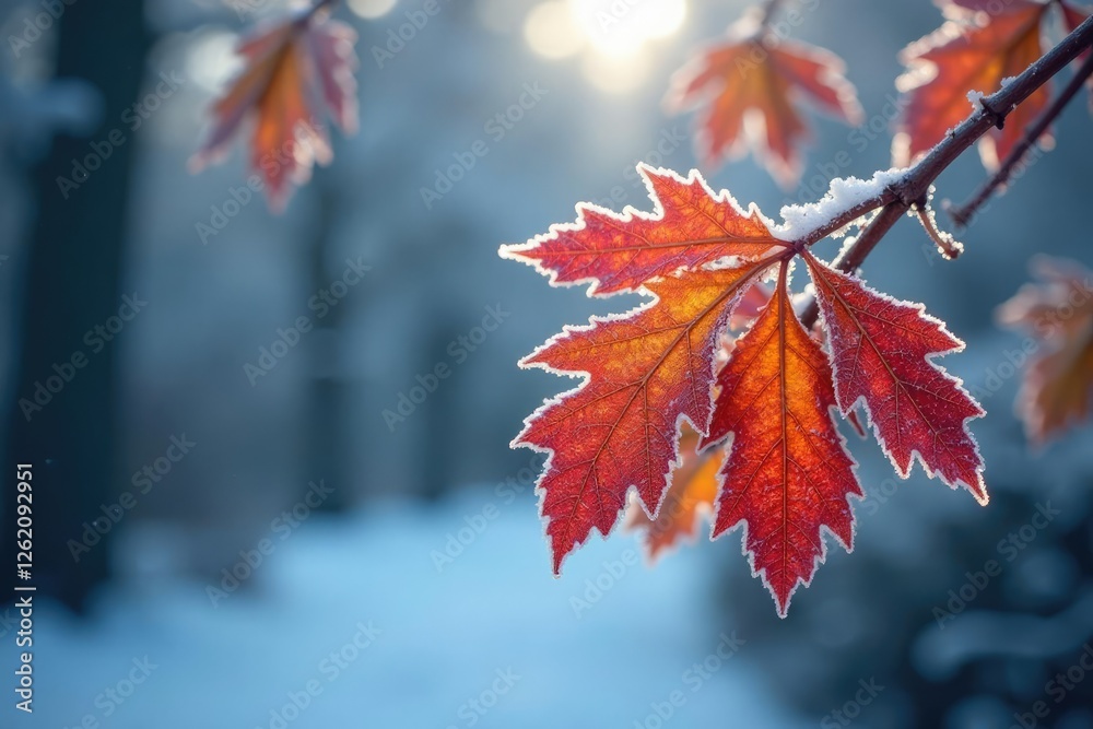 Frosty oak leaves cling to branches frozen in winter ice, cold, leaves Frosty oak leaves cling to branches frozen in winter ice, cold, leaves