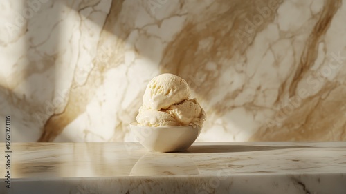 Creamy vanilla ice cream in bowl on marble in warm sunlight