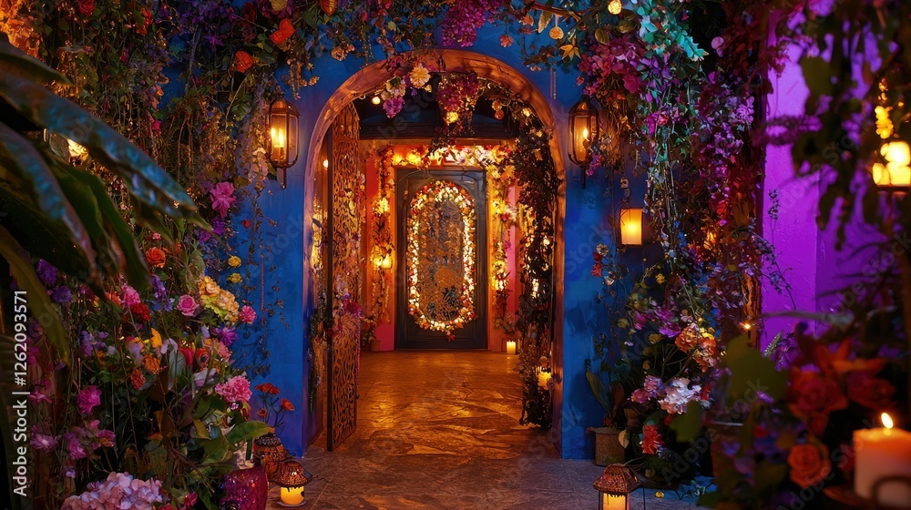 Fototapeta premium Colorful Floral Pathway with Soft Lighting and Vibrant Decorations