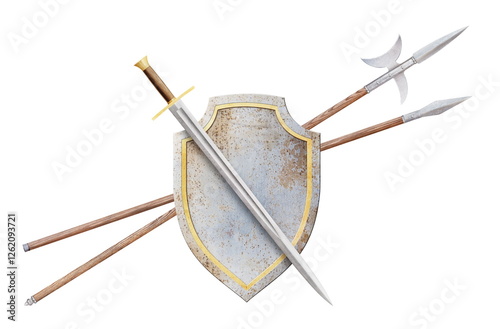 sword shield lance and halberd isolated on white photo