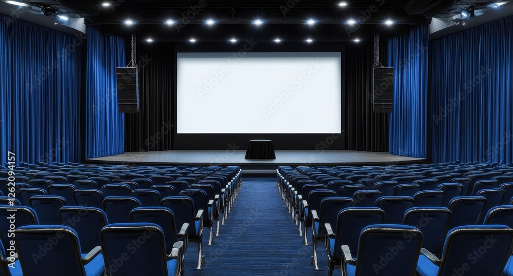 Fototapeta premium Modern theater with rows of blue seats and a large screen