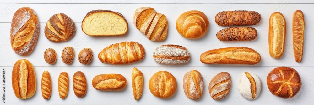 Assorted bakery bread loaves, rolls, and buns on white wood Assorted bakery bread loaves, rolls, and buns on white wood