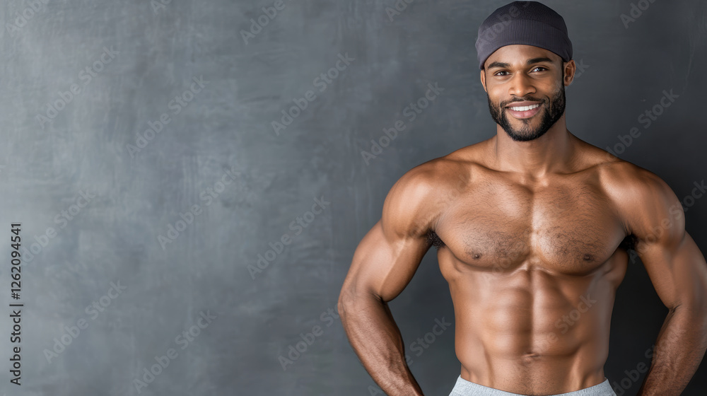 Fototapeta premium Fit man with six pack abs smiling confidently against dark background