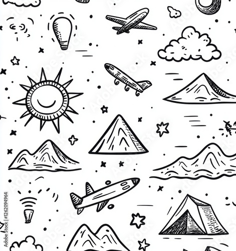Patterns of cute black and white line drawings showcase various travel-related icons including planes, mountains, suns, and tents. The design includes simple doodles on a flat white background