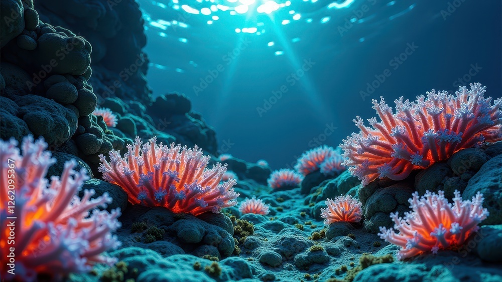 Underwater close-up of glowing bleached coral reef affected by climate change Underwater close-up of glowing bleached coral reef affected by climate change
