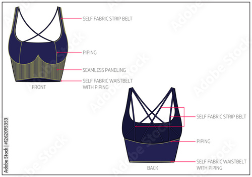Women Active Sports Bra Fashion Design Technical Tech Pack.