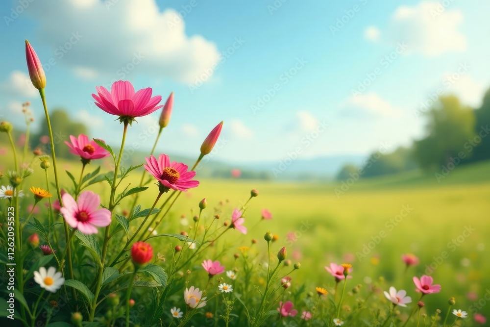 Delicate wildflowers and ornamental grasses create a stunning contrast on a serene landscape, grass, wildflowers Delicate wildflowers and ornamental grasses create a stunning contrast on a serene landscape, grass, wildflowers