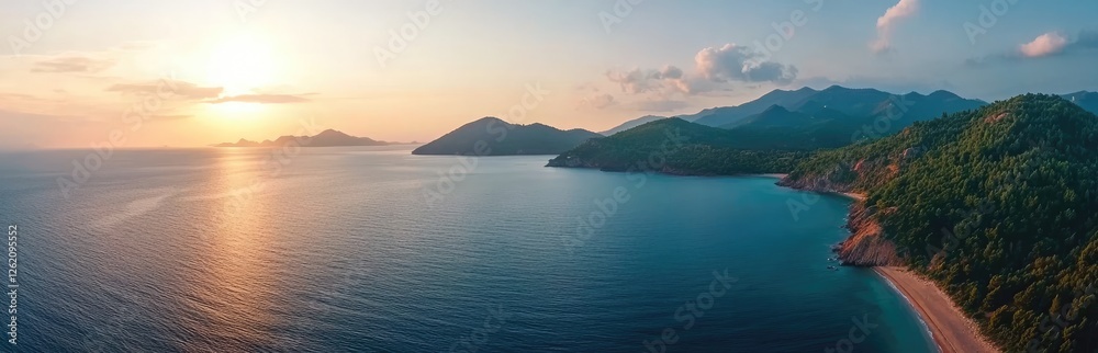 Sunset Coastal Aerial Beach, Mountains, Ocean Sunset Coastal Aerial Beach, Mountains, Ocean