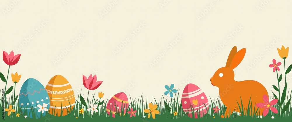 custom made wallpaper toronto digitalVibrant Easter Scene: Rabbit in Green Meadow with Colorful Eggs and Flowers. A rabbit standing in a grassy field surrounded by colorful Easter eggs.