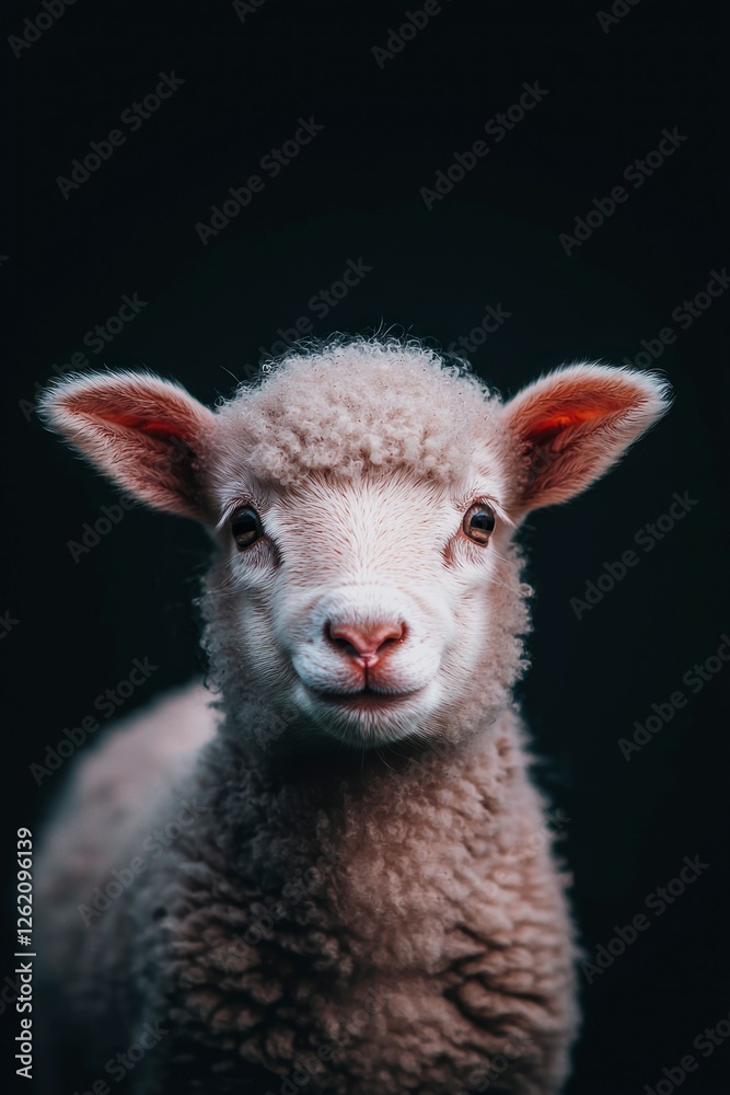 Obraz premium Adorable Fluffy Lamb Poses Against Dark Background