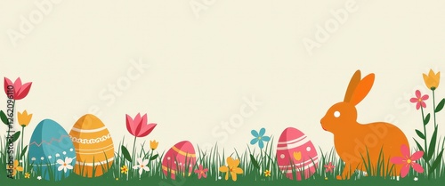 Wallpaper Mural Vibrant Easter Scene: Rabbit in Green Meadow with Colorful Eggs and Flowers. A rabbit standing in a grassy field surrounded by colorful Easter eggs. Torontodigital.ca
