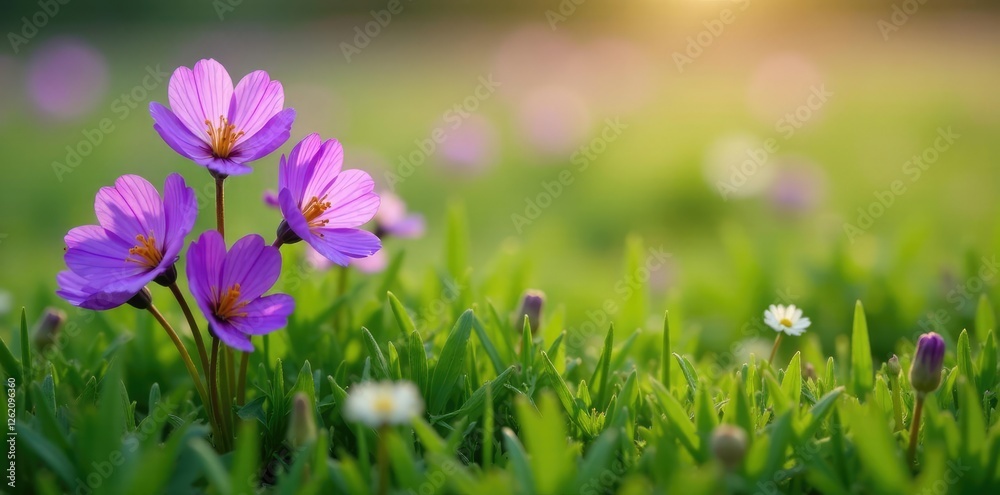 delicate purple aubretia flowers blooming in a field of green grass, petals, field, wildflowers delicate purple aubretia flowers blooming in a field of green grass, petals, field, wildflowers