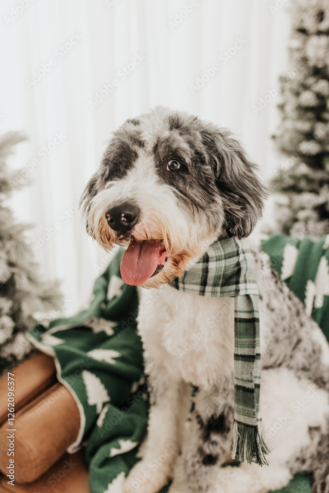 Bernedoodle wearing green holiday scarf sits on brown leather couch Bernedoodle wearing green holiday scarf sits on brown leather couch