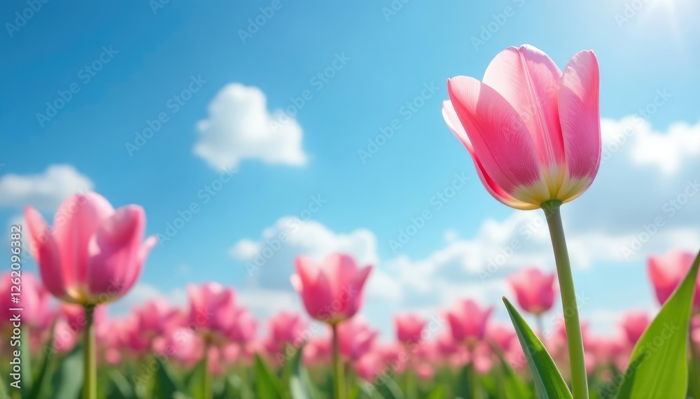Delicate pink tulip petals unfold in the warmth of sunlight against a brilliant blue sky with fluffy white clouds, bloom, flowers, sunlight Delicate pink tulip petals unfold in the warmth of sunlight against a brilliant blue sky with fluffy white clouds, bloom, flowers, sunlight