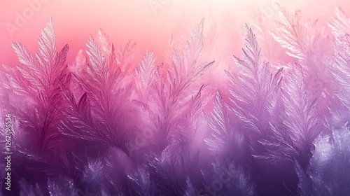 Frost crystals form intricate fern like patterns on glass surface photo