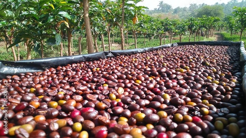 Freshly Harvested Coffee Beans Drying in Green Coffee Plantation photo