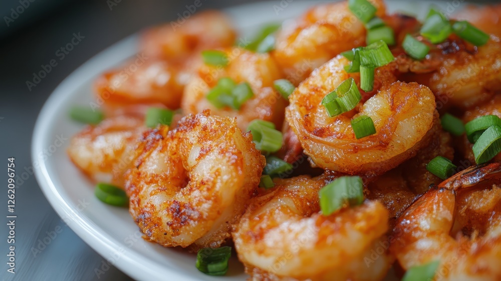 Spicy grilled shrimp garnished with fresh chives on a white plate Spicy grilled shrimp garnished with fresh chives on a white plate