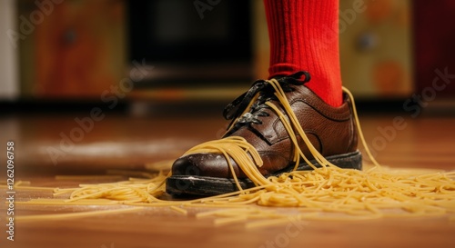 Spilled spaghetti on shoe with red socks on wooden floor