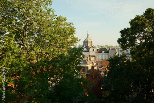 Marekerk tower emerging from lush green trees in groningen cityscape photo