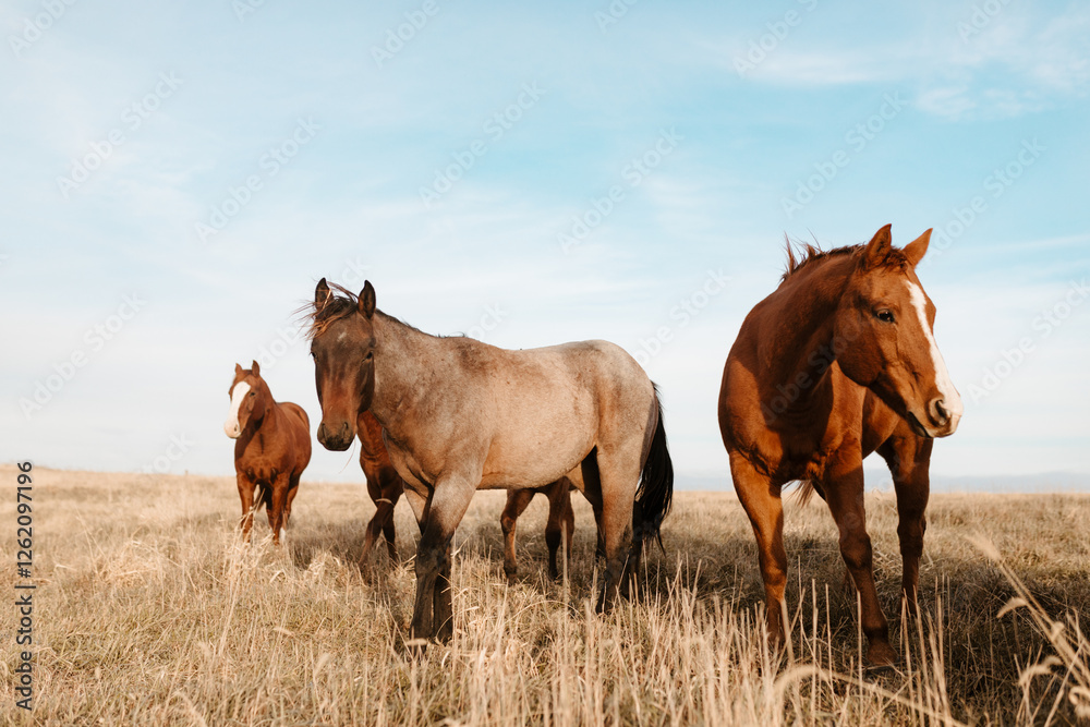 Bay roan colt with other horses standing in a dry grassy field. Bay roan colt with other horses standing in a dry grassy field.