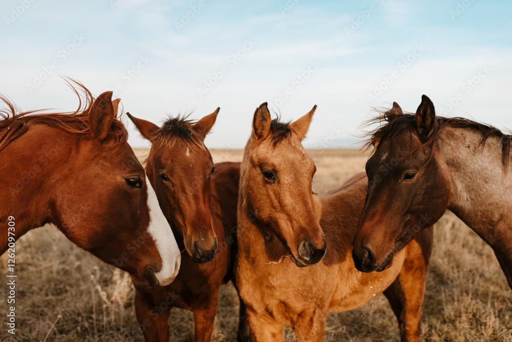 Four horses standing closely together in a dry grassy field. Four horses standing closely together in a dry grassy field.
