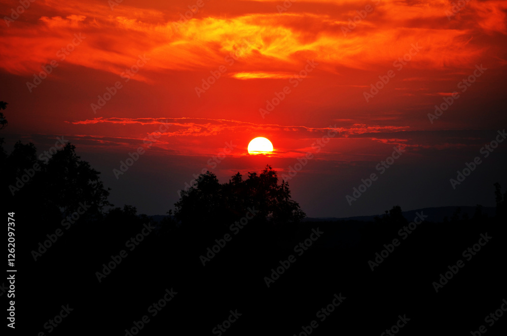 Fototapeta premium Fiery red sunset over silhouetted trees with a dramatic sky