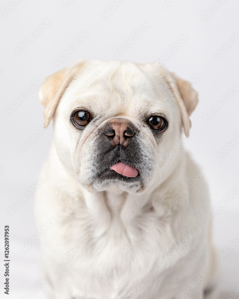 pug sitting in a studio against a white background, tongue out pug sitting in a studio against a white background, tongue out
