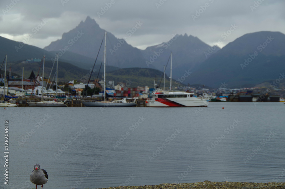 Obraz premium Panoramic scenic nature landscape cityscape scenery in Ushuaia, Patagonia in Terra del Fuego National Park in South America Argentina with breathtaking mountain view and city skyline harbor port