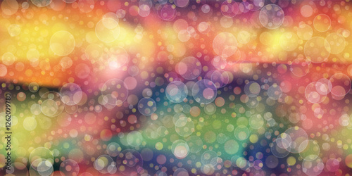 Rainbow bokeh seamless bg with noise seamless texture. Red, yellow and blue abstract background. Festive bright wallpaper