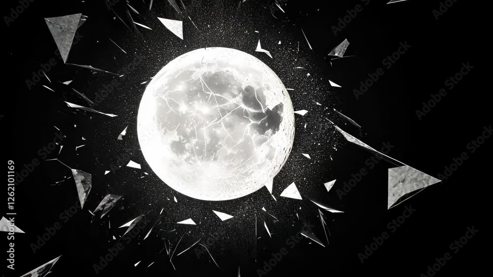 Shattering glass reveals luminous full moon in space