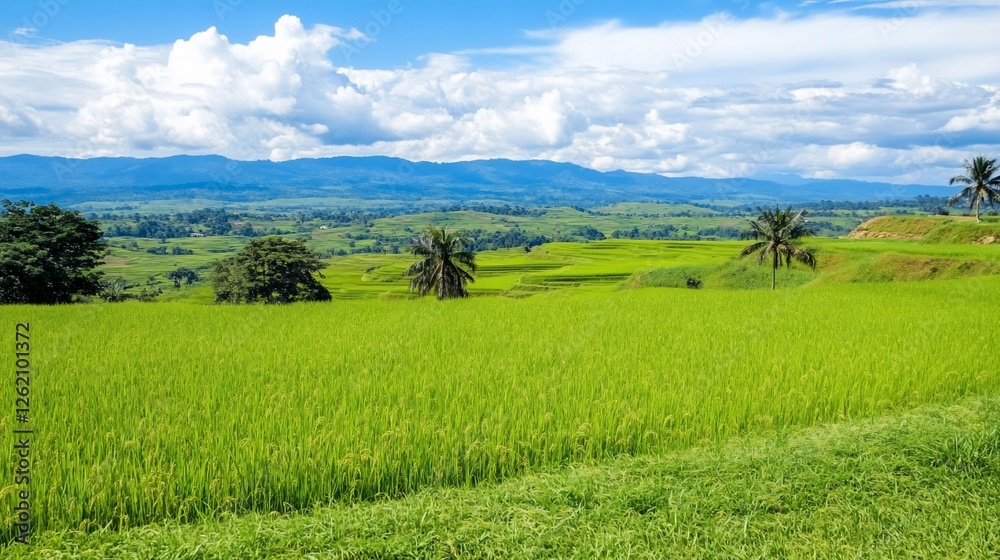 Lush green rice paddy fields, mountain backdrop, sunny day, agriculture Lush green rice paddy fields, mountain backdrop, sunny day, agriculture