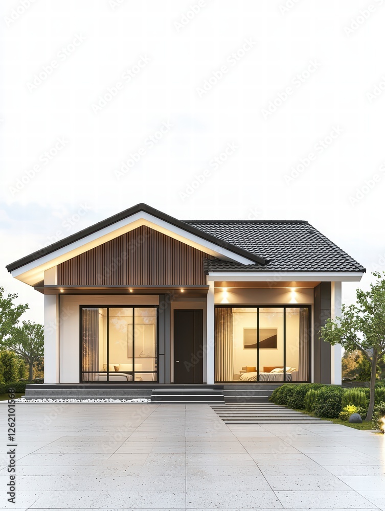 Fototapeta premium Modern Home Elegance: A captivating shot of a modern, minimalist home with a sleek architectural design. The house showcases expansive windows, offering a glimpse of the inviting interior.