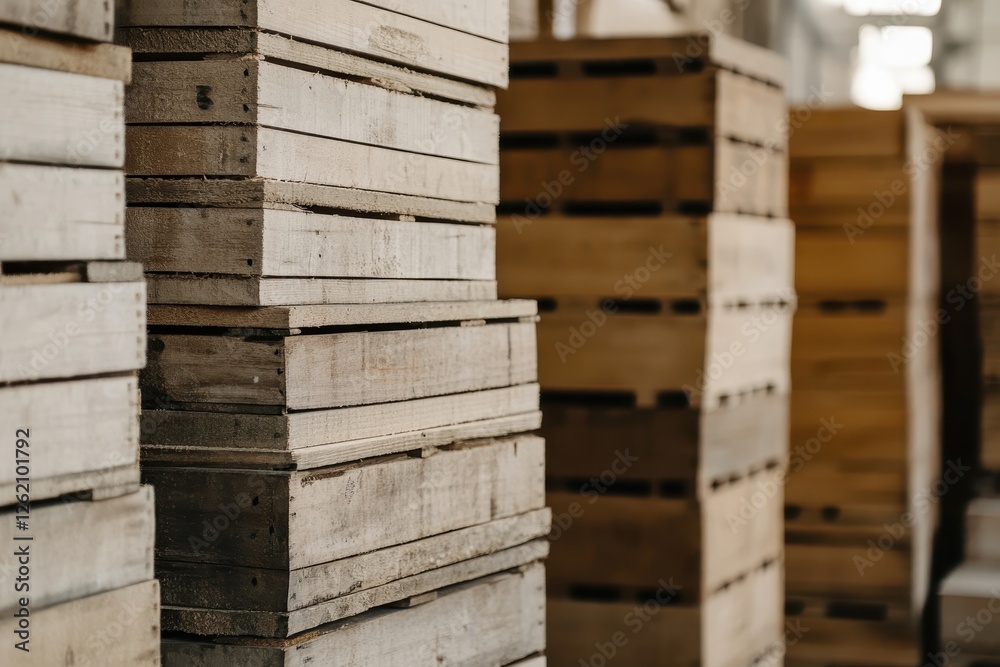 Stacked wooden crates in a warehouse setting. Stacked wooden crates in a warehouse setting.
