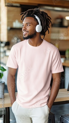 A man wearing light pink color t shirt mockup; with wireless headphones; at the cafe; front view