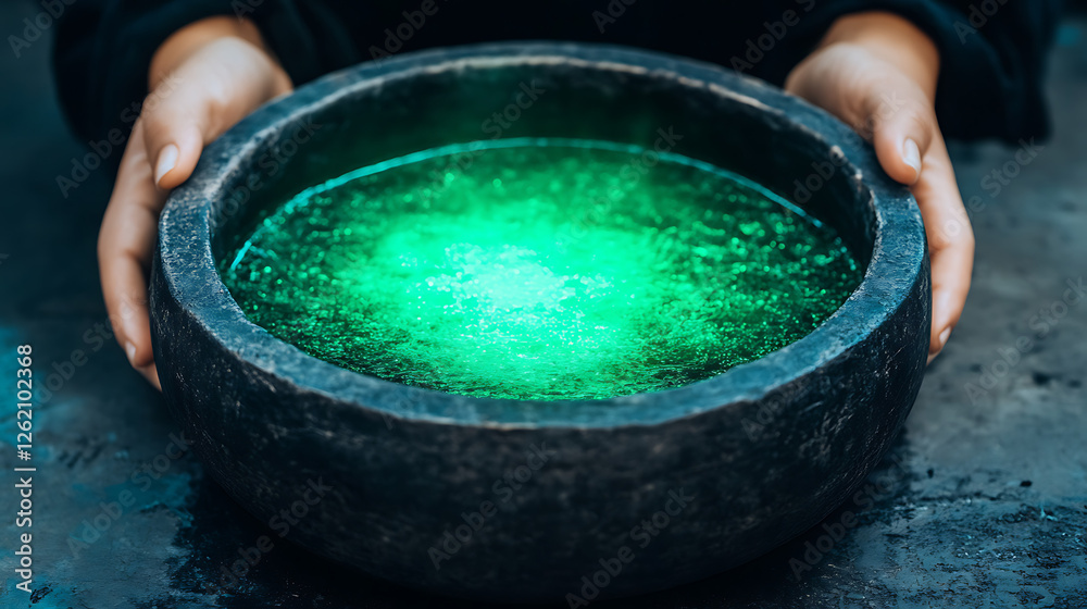 Eerie Cauldron Filled with Glowing Green Liquid Held Securely by Hands in Mystical Setting