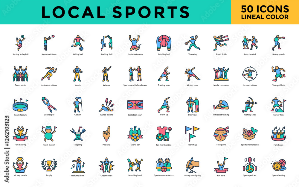 Fototapeta premium Local sports icon set with serving volleyball, basketball shoot, kicking ball, blocking ball, goal celebration, catching ball, throwing, sprint finish, relay handoff icon. Simple lineal color vector 