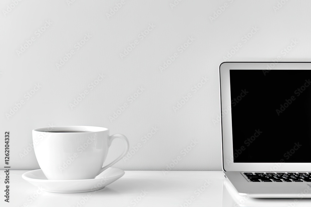 White laptop, coffee cup, minimalist desk, blank wall, workspace White laptop, coffee cup, minimalist desk, blank wall, workspace