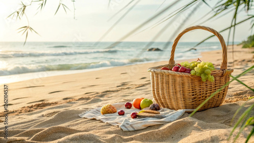 Summer picnic on the beach with fresh fruits in a wicker basket. Soft ocean waves in the background create an atmosphere of calm, and sun rays illuminate the sand. photo