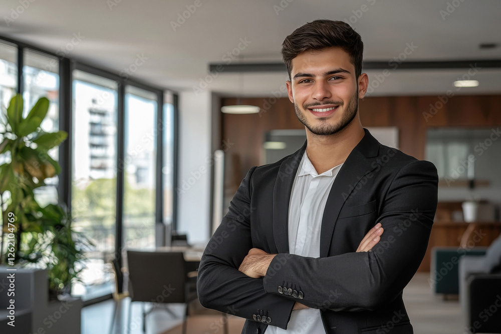 young businessman standing confidently at office young businessman standing confidently at office