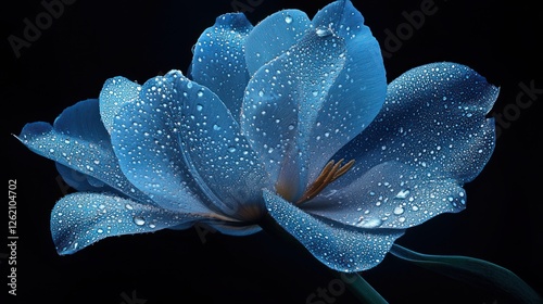 Dew-kissed tulip petals shimmering under soft lighting, captured in high detail against a rich