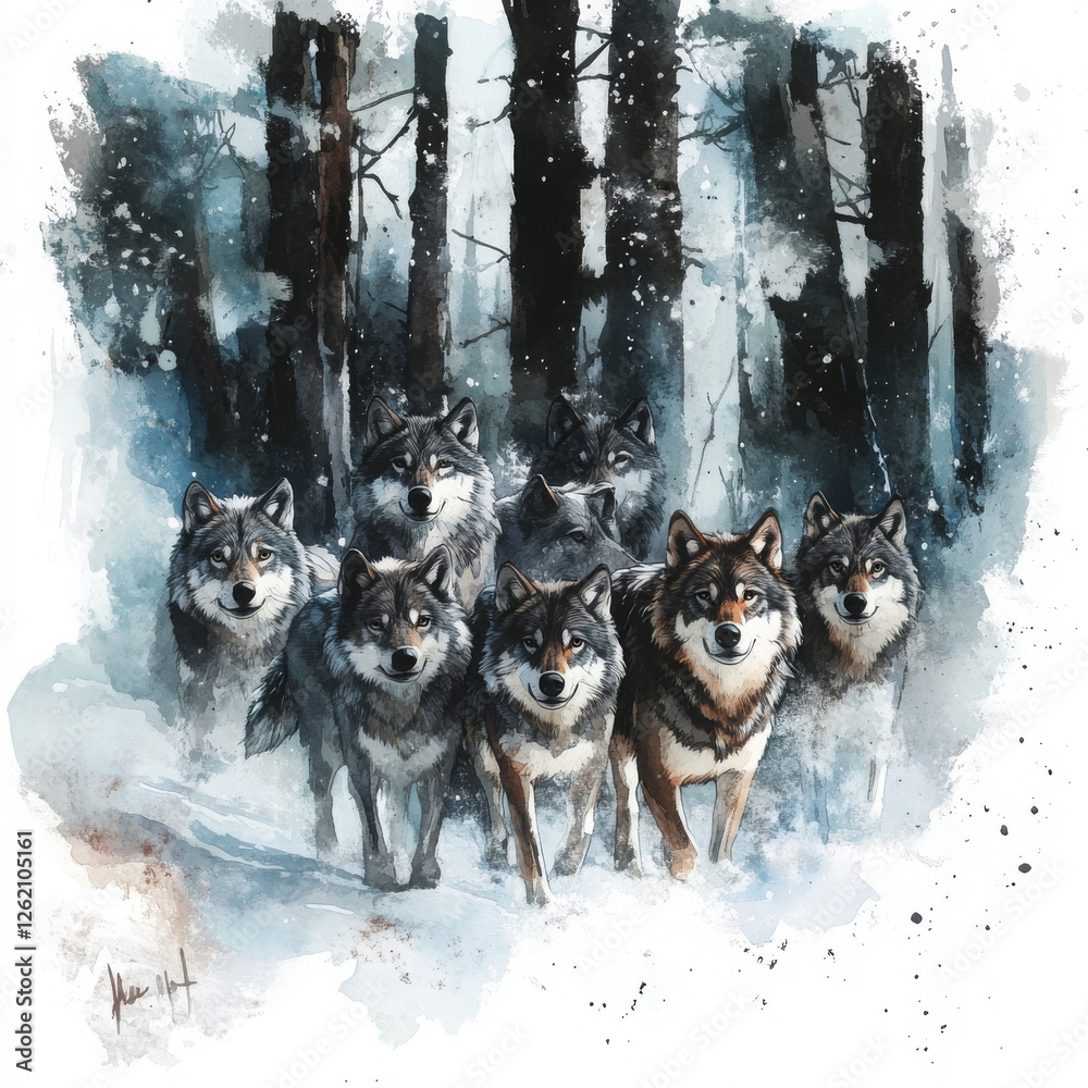 pack of wolves stares intently from snowy forest, showing their strength pack of wolves stares intently from snowy forest, showing their strength