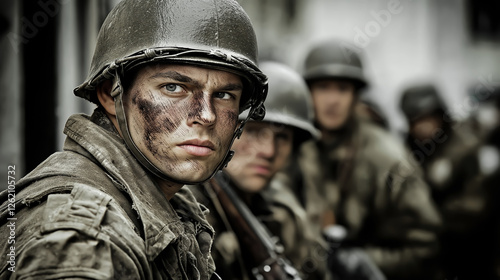 Cinematic of World War II soldiers. Military operation and War Concept. Generative Ai. photo