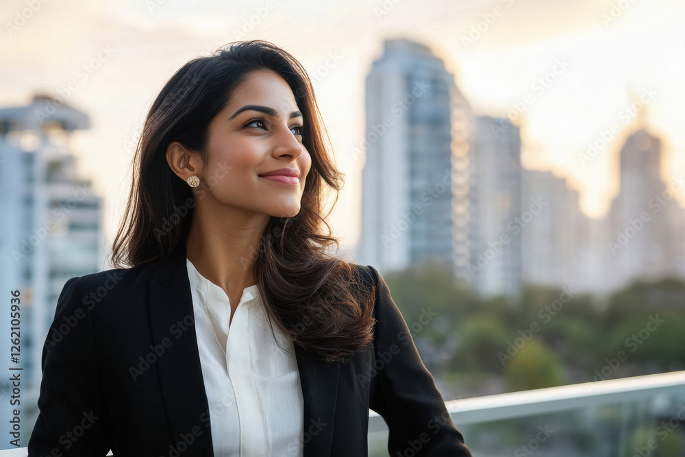 Indian businesswoman, inspecting a high-rise property from a spacious rooftop terrace, looking confident and professional. Indian businesswoman, inspecting a high-rise property from a spacious rooftop terrace, looking confident and professional.