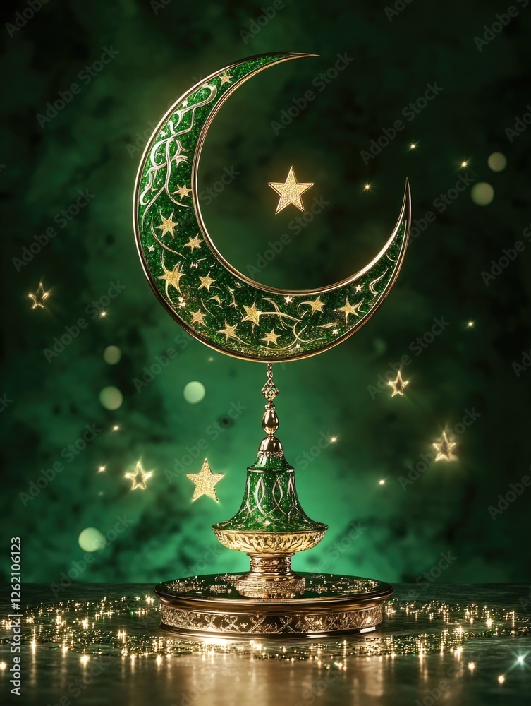 Decorative mosque lamp on top of golden ornate stand. Decorative mosque lamp on top of golden ornate stand.