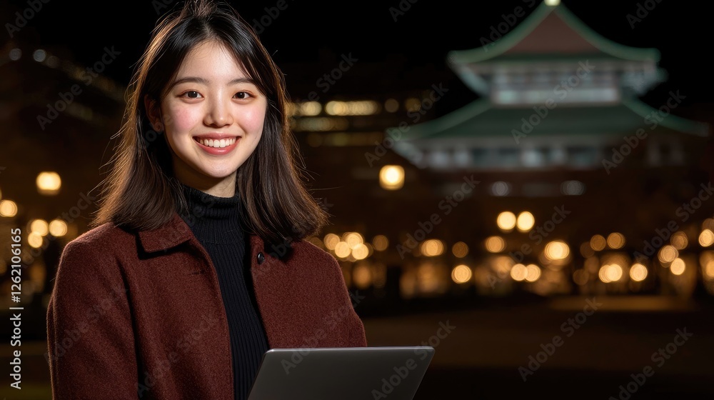 Young professional working at night urban park portrait evening atmosphere bright lights modern technology Young professional working at night urban park portrait evening atmosphere bright lights modern technology